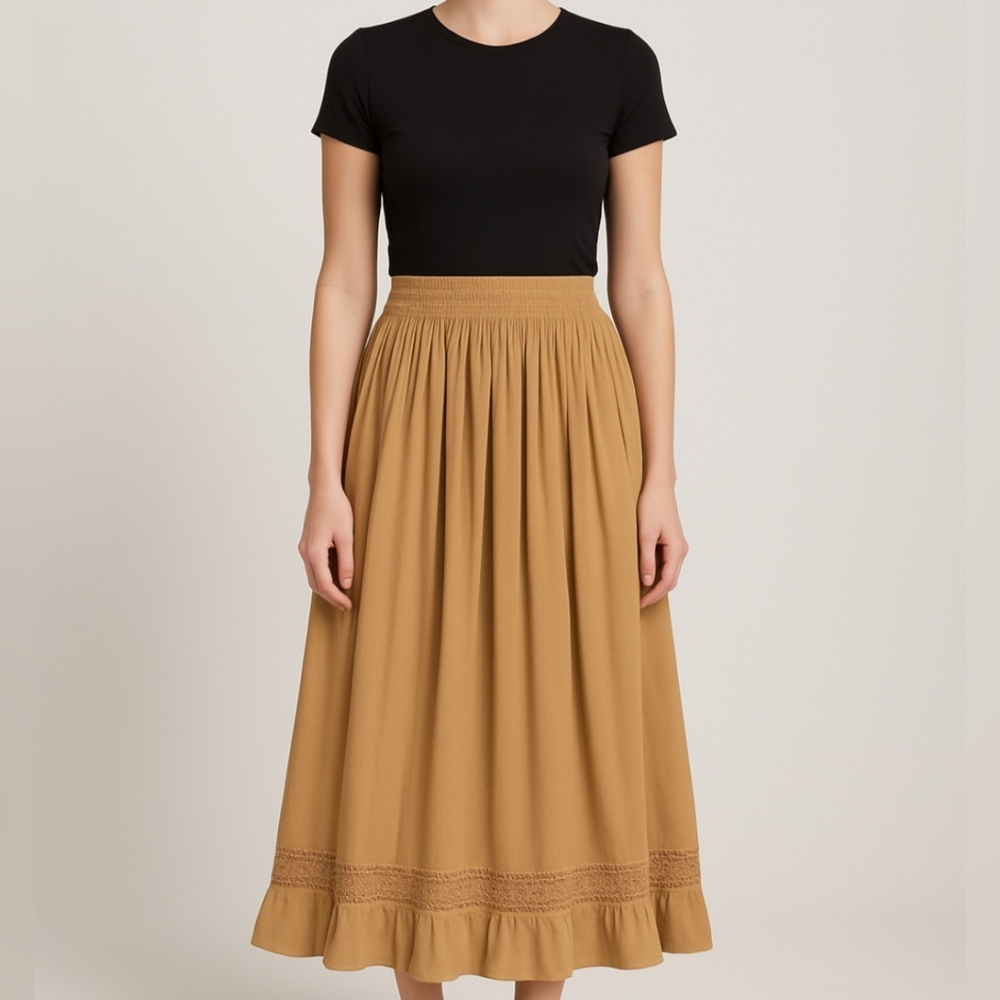 Vintage 90s OBR Long Pleated Lace Trim Brown SKIRT Ladies Sz L Rayon